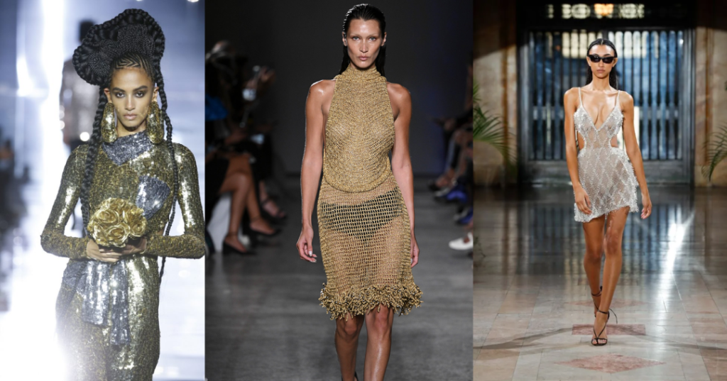 models wearing metallic and sequin clothes